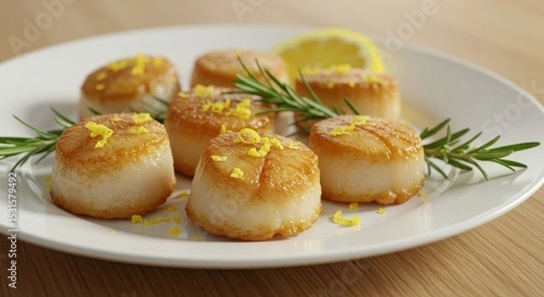 Fototapeta Deliciously Seared Scallops Garnished with Herbs and Lemon on White Plate for Culinary Display and Presentation