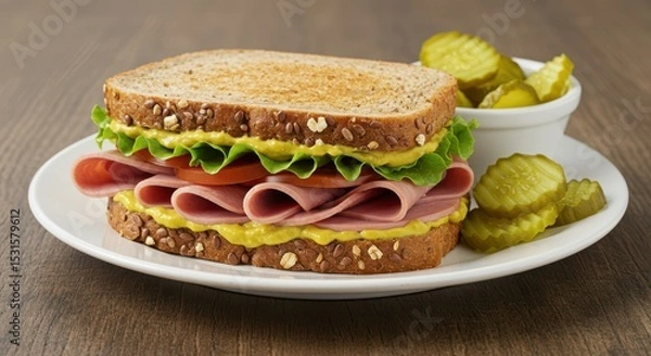 Fototapeta Deliciously stacked ham sandwich with fresh lettuce, tomatoes, and mustard served alongside crunchy pickles in a rustic setting