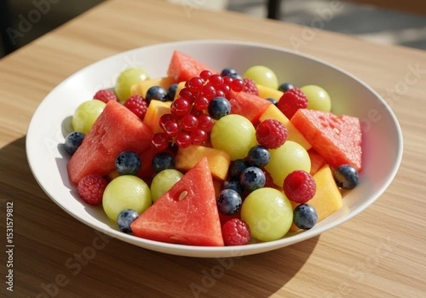 Fototapeta Fresh and Colorful Fruit Salad with Watermelon, Melon, Berries, and Grapes in a White Bowl on a Wooden Table in Natural Light