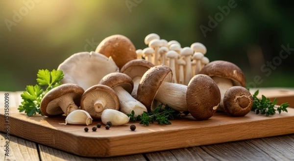 Fototapeta Fresh Assortment of Mushrooms on Wooden Cutting Board Surrounded by Aromatic Herbs and Garlic Ready for Culinary Use in Bright Natural Light