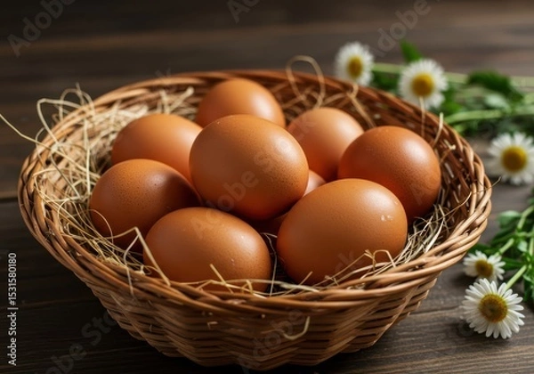 Fototapeta Fresh Brown Eggs in Rustic Basket Surrounded by Greenery and White Daisies, Perfect for Farmhouse Decor and Culinary Concepts