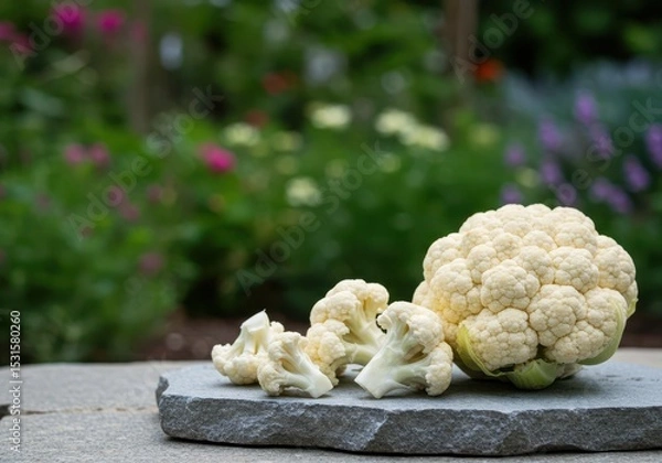 Fototapeta Fresh Cauliflower on Stone Surface with Colorful Garden Background and Soft Focus, Organic Vegetable for Healthy Cooking and Nutrition