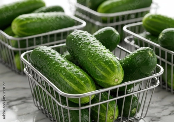 Fototapeta Fresh Green Cucumbers in Metal Baskets with Water Droplets on a Marble Surface, Close-Up Photography of Healthy Produce