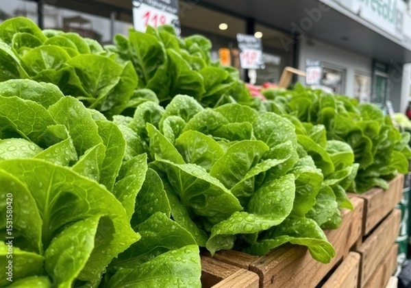 Fototapeta Fresh Green Lettuce with Dew Drops in a Wooden Box Displayed at a Market Stall, Concept of Organic Farming and Healthy Eating