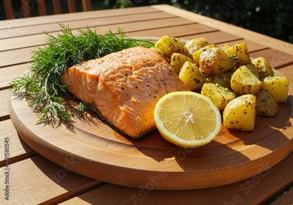 Fototapeta Fresh Grilled Salmon with Herbs and Roasted Potatoes on Wooden Table in Natural Light