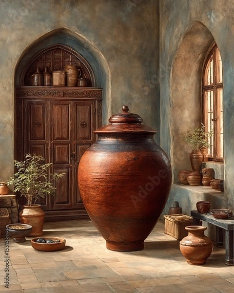 Fototapeta Rural floor with water pots in view high resolution picture
