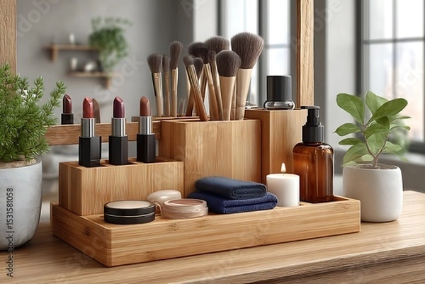 Fototapeta Neatly arranged makeup station with brushes high resolution picture