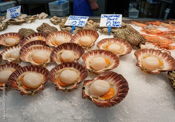 Fototapeta Fresh Scallops Displayed on Ice at a Seafood Market with Price Tags in a Vibrant Food Setting