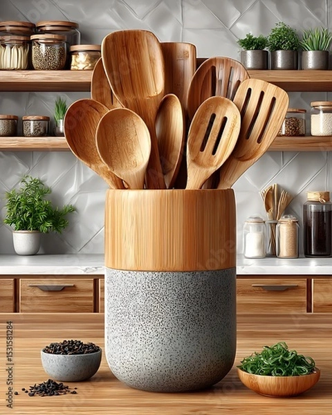 Fototapeta Neatly placed spatulas in bamboo holder high resolution picture
