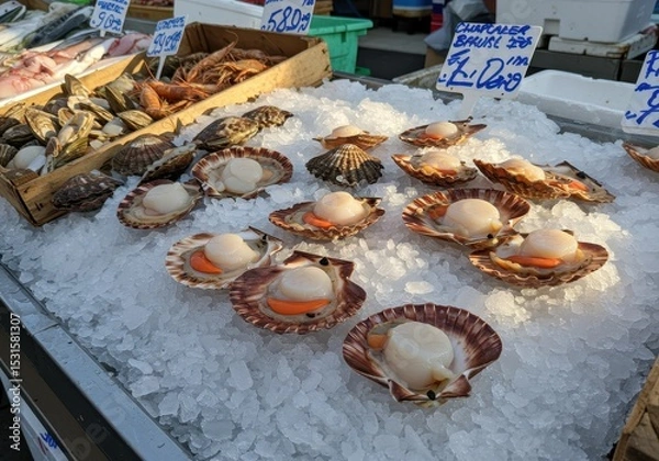 Fototapeta Fresh Shellfish and Seafood Displayed on Ice at Vibrant Market Stall During Daytime in Coastal City