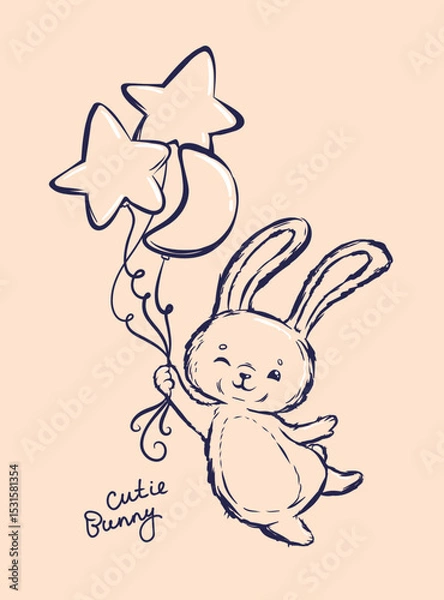 Obraz Vector illustration of a cute bunny fly on star and moon balloons, handwritten text Cutie Bunny. Soft pastel background and hand-drawn sketch style rabbit baby. Perfect for nursery decor or kids print