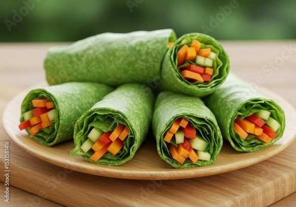 Fototapeta Fresh Spinach Wraps with Colorful Vegetables and Healthy Ingredients on a Wooden Plate