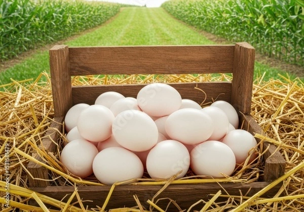 Fototapeta Fresh White Eggs in Rustic Wooden Basket Surrounded by Straw on a Farm with Lush Green Corn Field in the Background