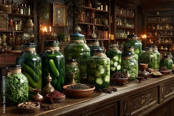 Fototapeta Pickling jars with herbs and condiments high resolution picture