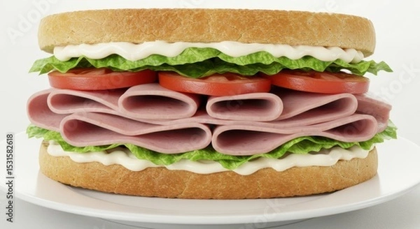 Fototapeta Freshly Made Sandwich with Layers of Ham, Crisp Lettuce, Juicy Tomato, and Creamy Mayonnaise on Soft Bread for Delicious Meal Experience