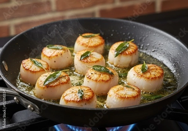 Fototapeta Grilled Scallops with Butter and Herbs in a Skillet on Stove Top with Steaming Hot Background