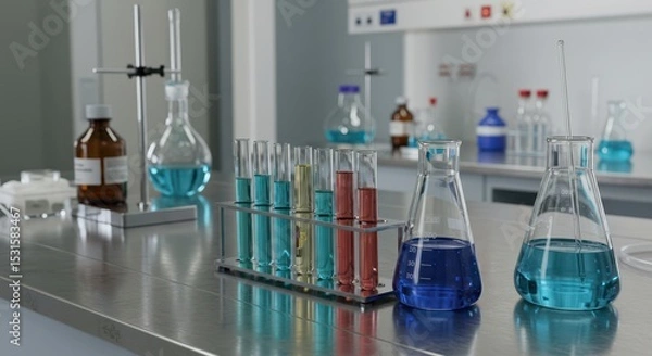 Fototapeta Laboratory workstation with various glassware including test tubes, beakers, and colorful chemical solutions in a modern research environment