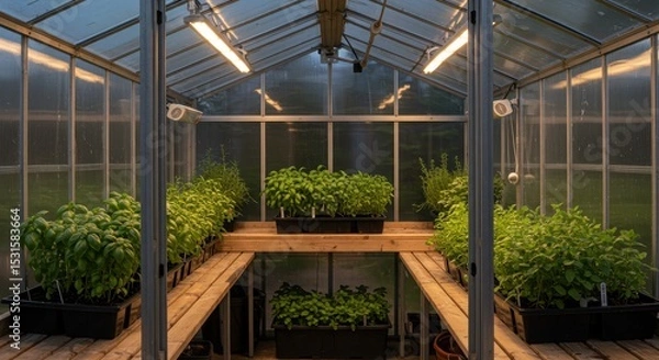 Fototapeta Lush Green Plants Growing in a Bright and Inviting Greenhouse Environment