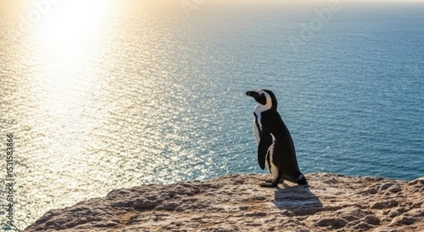 Fototapeta Majestic Penguin Standing on Rocky Outcrop Overlooking Glittering Ocean at Sunrise