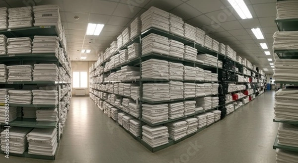 Fototapeta Neat and Organized Linen Storage Room with Shelves Full of White Towels and Textiles in a Commercial Environment