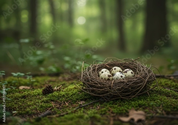 Obraz Nest with Speckled Eggs in Forest Setting Surrounded by Greenery and Soft Light Creating a Serene and Natural Atmosphere