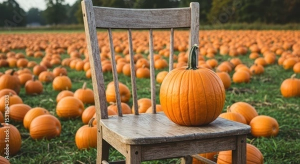 Fototapeta Rustic Wooden Chair with Bright Orange Pumpkin in Colorful Pumpkin Patch During Autumn Season on a Clear Day Surrounded by Vibrant Orange Pumpkins