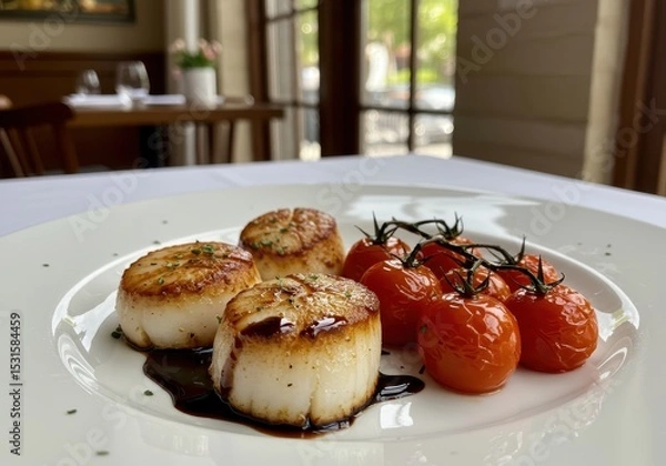 Fototapeta Seared scallops with roasted cherry tomatoes drizzled with balsamic reduction served on a white plate in a restaurant with natural light
