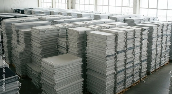 Fototapeta Stacked Rolls of Fabric in a Bright Warehouse Interior with Abundant Natural Light Streaming Through Large Windows