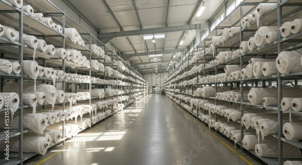 Fototapeta Spacious Fabric Warehouse with Organized Shelves of Rolled Material, Displaying Neatly Stored Textile Rolls in a Bright and Modern Industrial Space