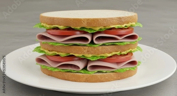 Fototapeta Three-layer sandwich with fresh lettuce, tomato slices, and layers of deli meats on a white plate against a gray background in a clean presentation