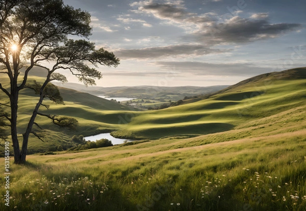 Obraz Peaceful Rolling Hills with Wildflowers and Sunset Light