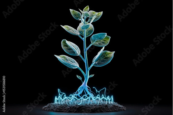 Obraz A glowing plant with green leaves and blue veins growing from soil with blue energy waves around it
