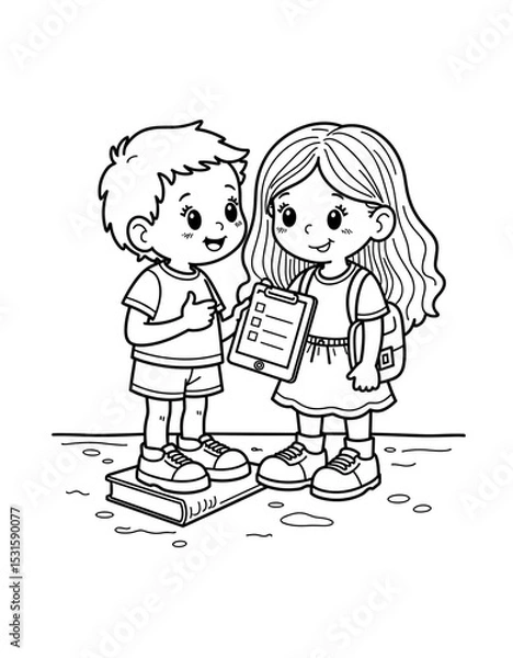 Obraz Two children smiling while checking task list on tablet for school - Concept of Back to School - coloring page for kids 5 - 8 years old  
