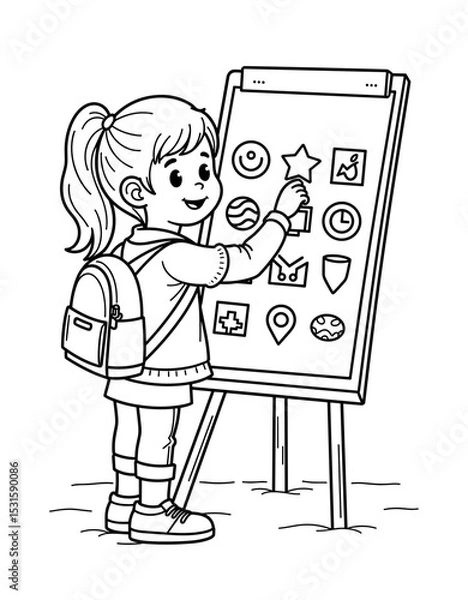 Obraz Young girl choosing icons for visual schedule while smiling outdoors in spring  
