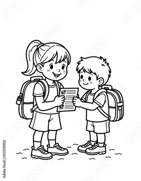 Obraz Girl helping boy with backpack and checklist for Back to School - coloring page for kids 5 - 8 years old  