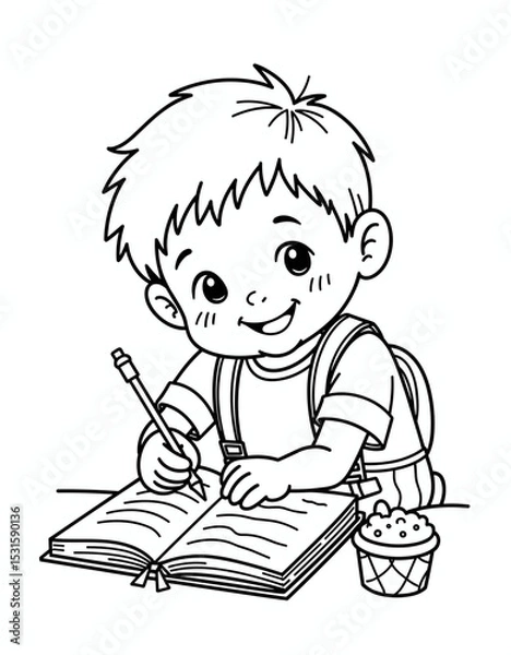 Obraz Happy boy filling personal achievement journal while sitting at table  
