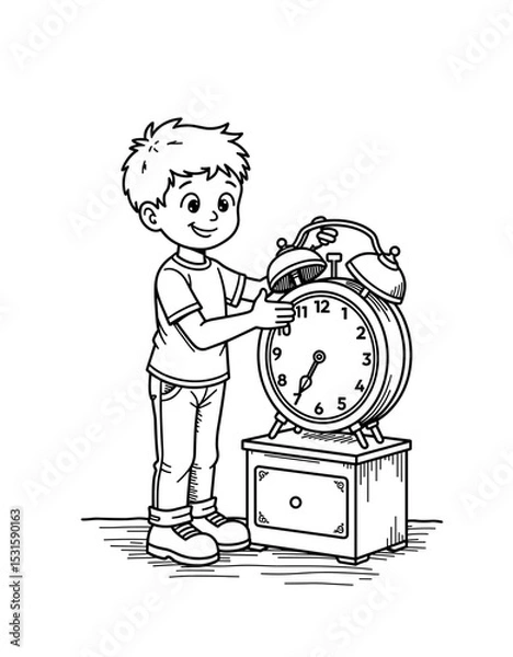 Obraz Young boy adjusting alarm clock while smiling in a playful setting - Concept of Back to School - coloring page for kids 5 - 8 years old  