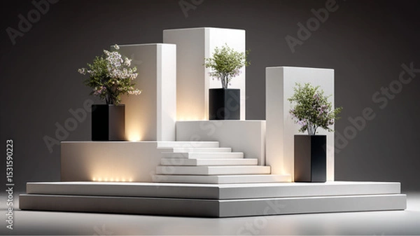 Obraz Minimalist display with plants on white platforms and stairs against a gray gradient background