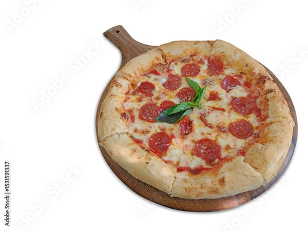 Fototapeta closeup hot thick bacon cheese pizza, green leaf, thick and soft dough, on a wooden tray with handles, on a white background.