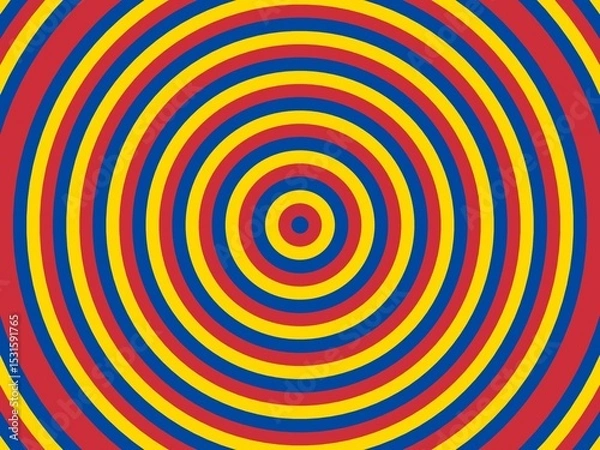 Fototapeta Vibrant abstract background featuring concentric circles in red, yellow, and blue, creating a playful and eye-catching design.