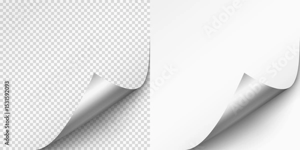 Obraz Curled page corner isolated on transparent and white background. Blank curve paper edge, bent sheet, note angle with realistic shadow. Vector rolled up stickers, peel banners