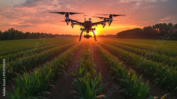 Fototapeta An agricultural drone hovers above cornfields at twilight, spraying fertilizer in a smart farming operation