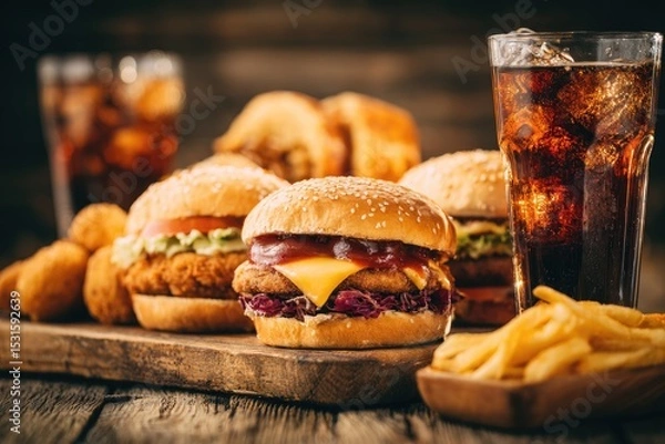 Fototapeta Gourmet burgers, fries, and soda on a rustic wooden surface