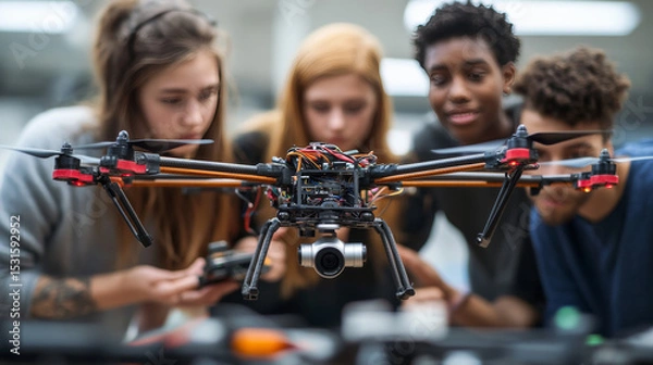 Fototapeta Students in a computer science class gather around a drone, exploring modern technology hands-on
