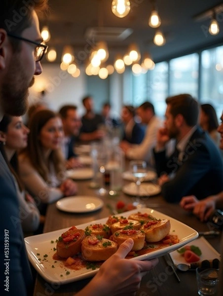 Obraz Business event in an office with a crowd of employees Food and drink in a meeting or conference room with business people in the background Blurred shot of business people at a party in the office