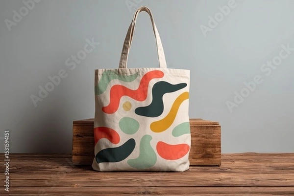 Fototapeta Canvas tote bag featuring retro abstract shapes in red yellow green and dark gray set on a wood surface