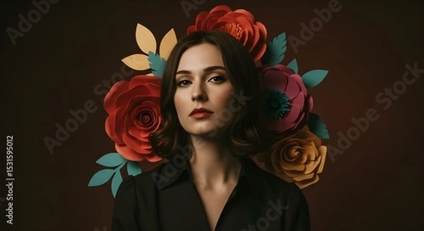 Fototapeta Retro 1970s-Inspired Woman Portrait with Abstract Layered Paper Flowers and Soft Natural Light


