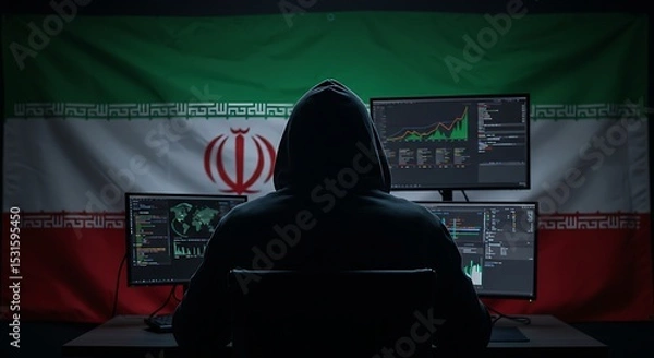 Fototapeta Iranian hacker cyber attack concept, cybersecurity threat, data breach, online fraud, internet crime, iran flag