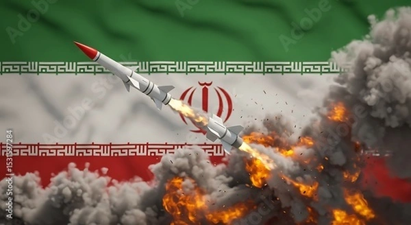 Fototapeta Iranian missile launch with flag background, war and conflict, missile technology, international relations