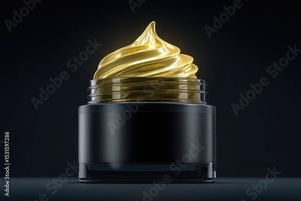 Fototapeta Golden cream in a black jar.  A luxurious, golden face cream sits atop a dark, sleek jar.  The cream is swirled and highlighted, showcasing its texture